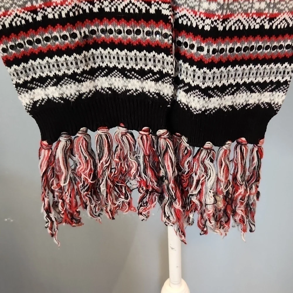 Vintage Nordic fairisle sequin beaded fringe colorblock long scarf